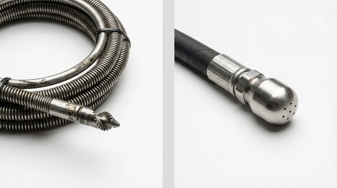 Drain snake cable and hydro jetting nozzle used for drain cleaning in Stamford, CT