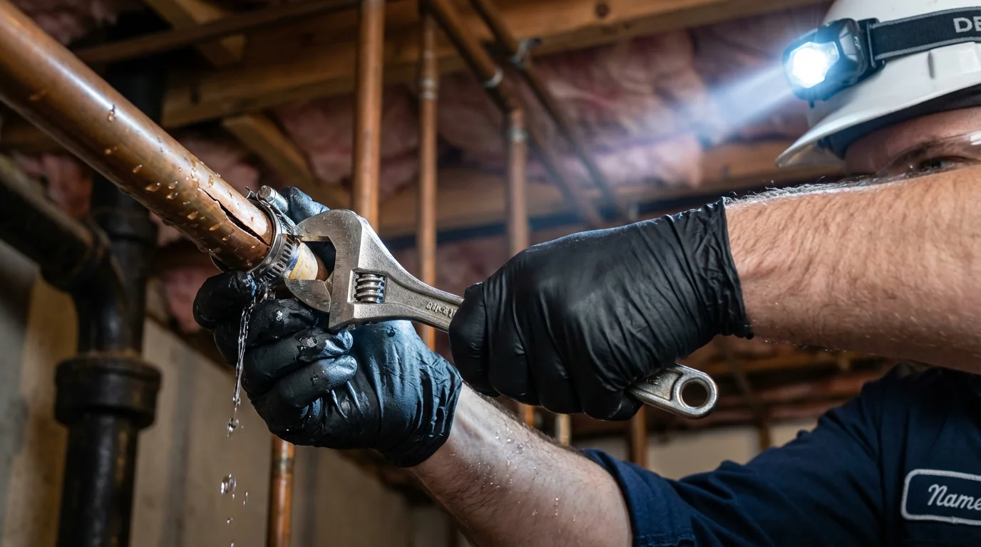 Emergency pipe clamp repair being performed by a Johns Plumbing LLC plumber in Stamford