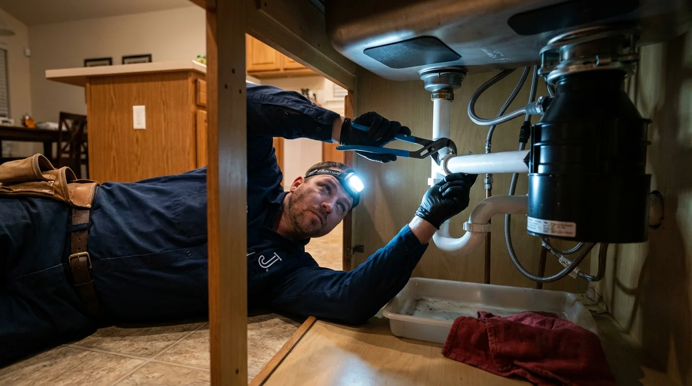 P-trap and supply line connections under a kitchen sink showing a common leak point in Stamford, CT